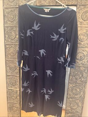 Boden Navy and Light Blue Swallow-Print Midi Dress